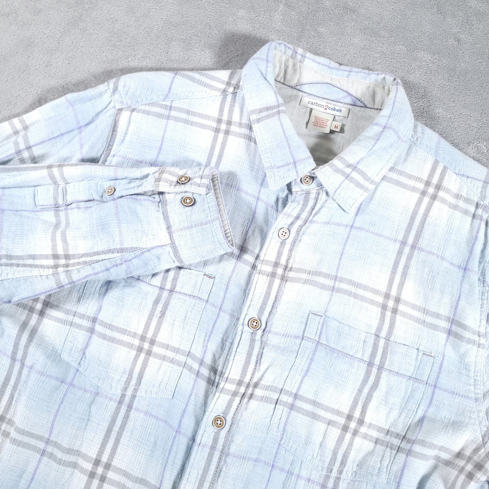 Carbon 2 Cobalt Shirt Mens Medium Blue Plaid Button Up Double Pocket Cotton